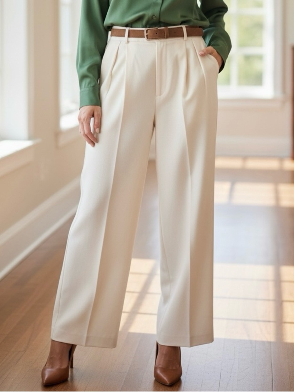 Laundry By Shelli Segal Cream Wide-Leg High-Rise Pleaded Dress Trousers Pants